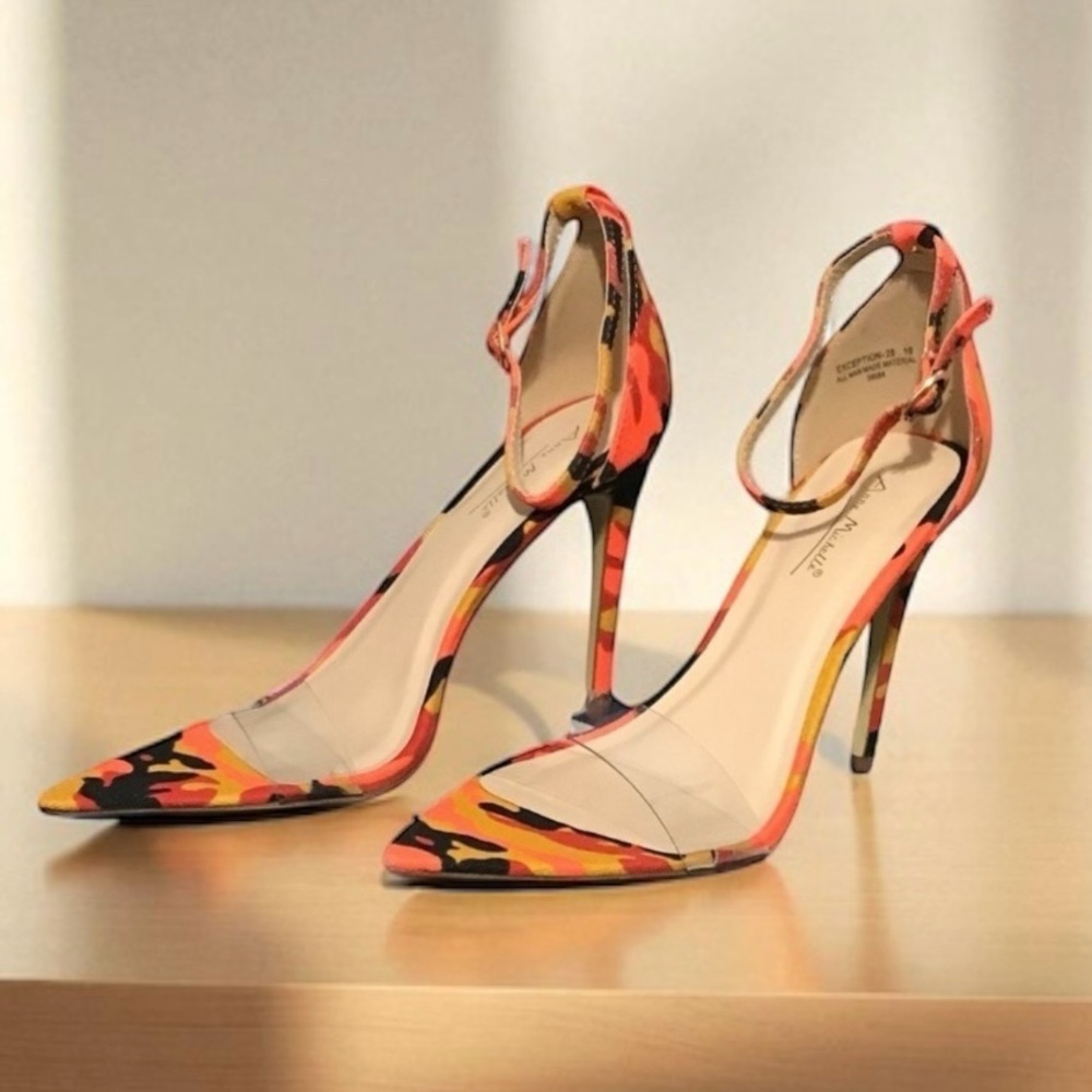 Orange yellow black clear camo high heel ankle strap pointed sandals size 10